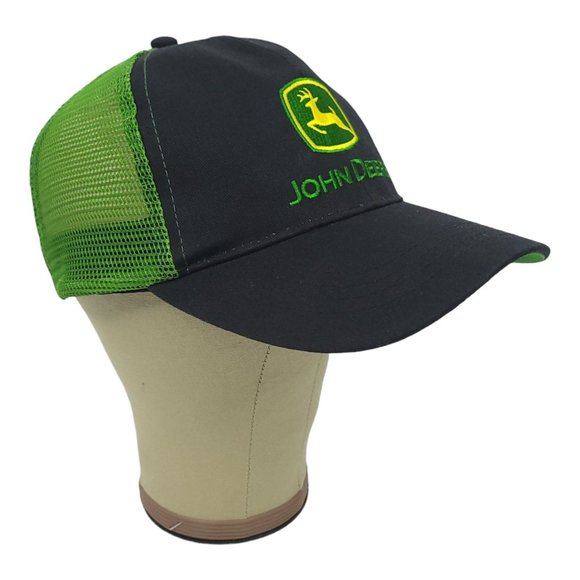 John Deere Mesh Patch Logo Strapback Cap Trucker Baseball Hat Black Green - Picture 2 of 13